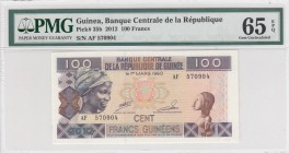 Guinea, 100 Francs, 2012, UNC, p35b 
PMG 65 EPQ
Serial Number: AF 570904
Estimate: 15-30 USD