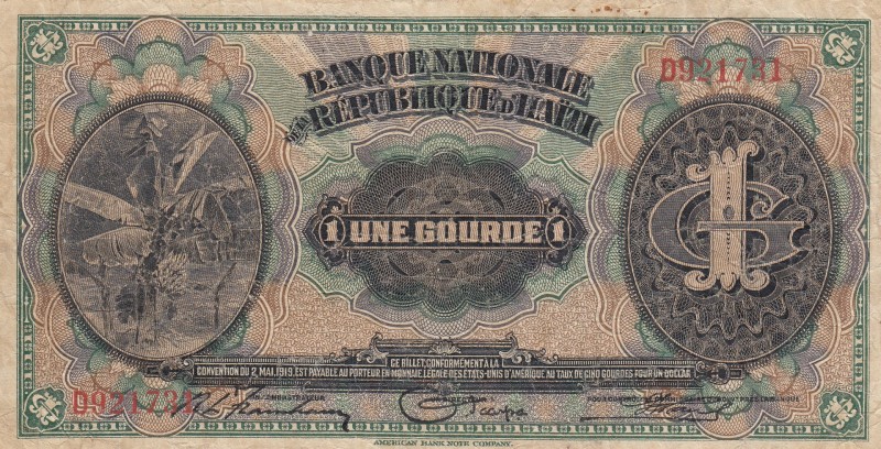 Haiti, 1 Gourde, 1919, VF, p150a 
Serial Number: D921731
Estimate: 100-200 USD