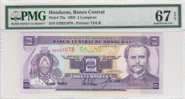 Honduras, 2 Lempiras, 1993, UNC, p72a 
PMG 67 EPQ
Serial Number: D2021078
Estimate: 20-40 USD
