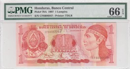 Honduras, 1 Lempira, 1997, UNC, p79A 
PMG 66 EPQ
Serial Number: CF6606647
Estimate: 15-30 USD