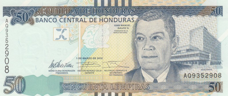 Honduras, 50 Lempiras, 2012, UNC, p101 
Serial Number: AQ 9352908
Estimate: 10...