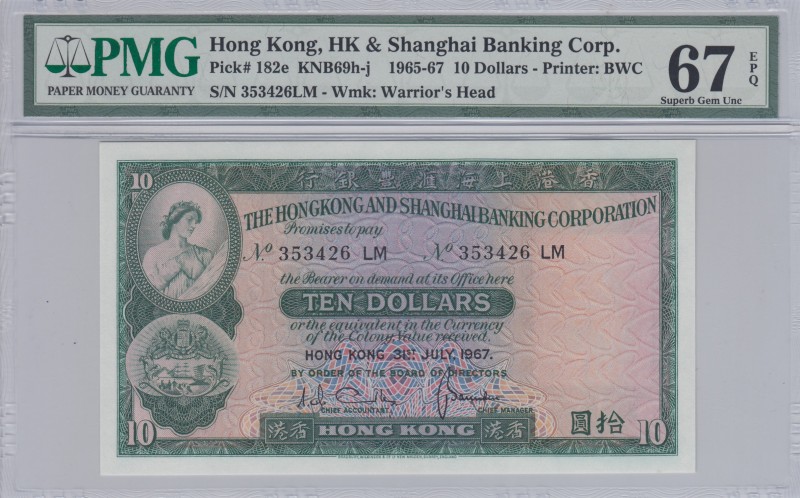 Hong Kong, 10 Dollars, 1965/1967, UNC, p182e 
PMG 67 EPQ
Serial Number: 353426...