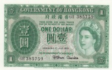 Hong Kong, 1 Dollar, 1959, UNC, p324Ab 
Queen Elizabeth II potrait. 
Serial Number: 6H 385759
Estimate: 50-100 USD