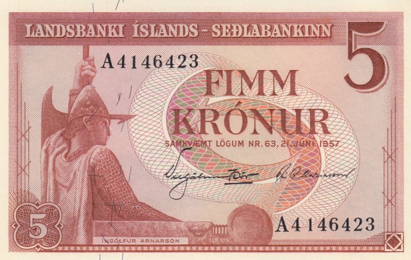 Iceland, 5 Kronur, 1957, UNC, p37b 
Serial Number: A4 146423
Estimate: 20-40 U...