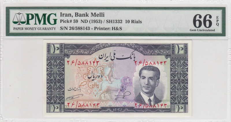 Iran, 10 Rials, 1953, UNC, p59 
PMG 66 EPQ
Serial Number: 26/588143
Estimate:...