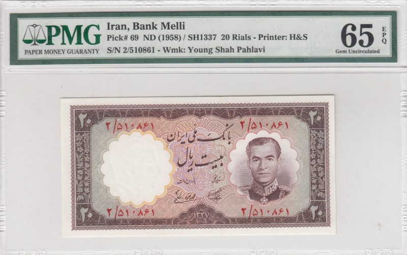 Iran, 20 Rials, 1958, UNC, p65 
PMG 65 EPQ
Serial Number: 2/510861
Estimate: ...