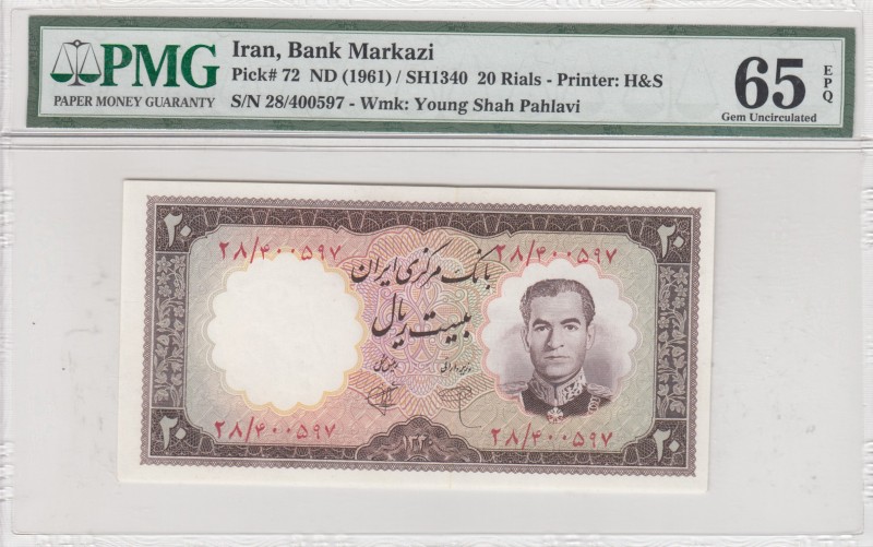 Iran, 20 Rials, 1961, UNC, p65 
PMG 65 EPQ
Serial Number: 28/400597
Estimate:...