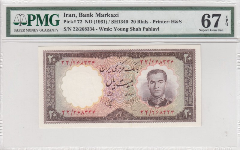 Iran, 20 Rials, 1961, UNC, p72 
PMG 67 EPQ
Serial Number: 22/268334
Estimate:...