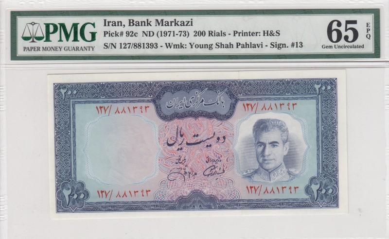 Iran, 200 Rials, 1971-73, UNC, p92c 
PMG 65 EPQ
Serial Number: 127/881393
Est...