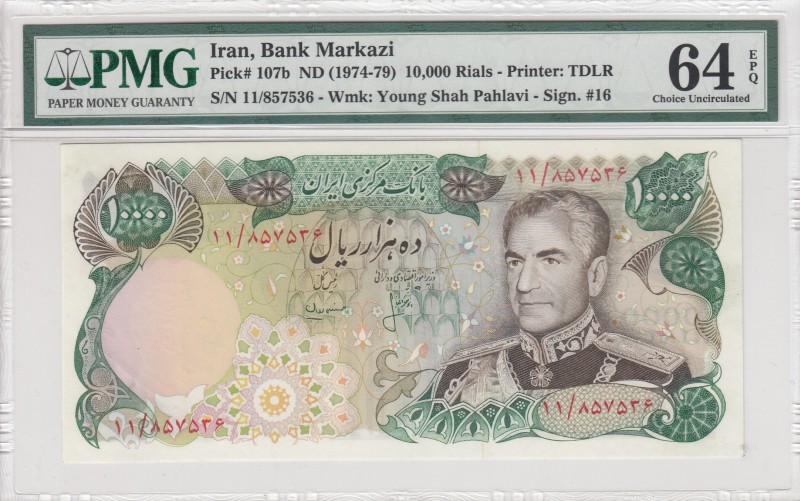 Iran, 10.000 Rials, 1974-79, UNC, p107b 
PMG 64 EPQ
Serial Number: 11/857536
...