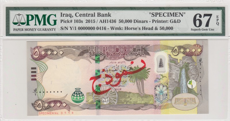 Iraq, 50.000 Dinars, 2015, UNC, p103s, SPECIMEN
PMG 67 EPQ
Serial Number: Y/1 ...