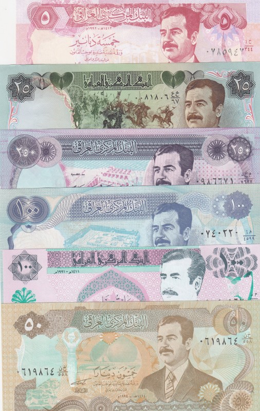 Iraq, 5-20-50-100-100-250 Dinars, 1989/1994, UNC, (Total 6 banknotes)
Estimate:...