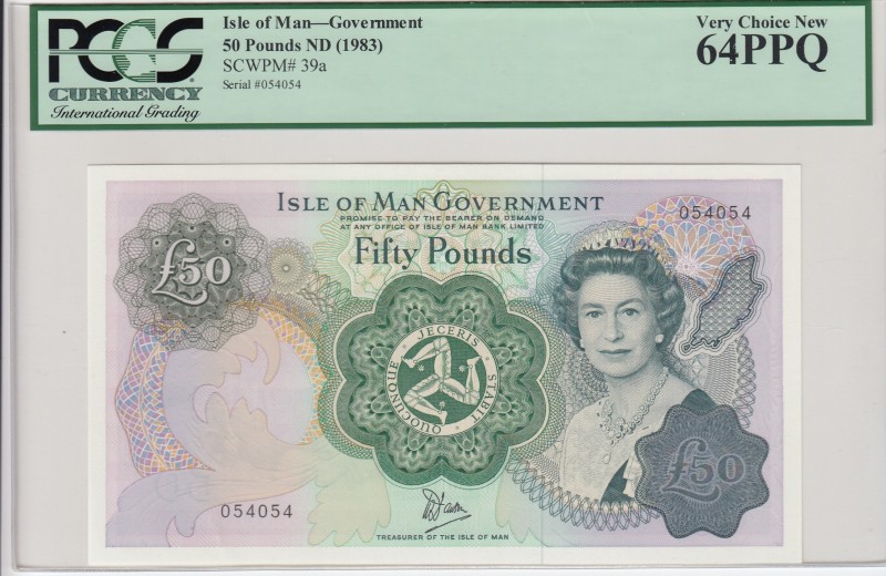 Isle of Man, 50 Pounds, 1983, UNC, p39a 
PCGS 64 PPQ
Serial Number: 054054
Es...