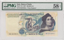 Italy, 500.000 Lire, 1997, AUNC, p118 
PMG 58 EPQ
Serial Number: BA 391389 A
Estimate: 350-700 USD