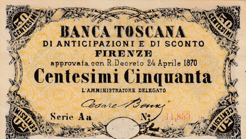 Italy, 50 Centesimi, 1870, AUNC, 
Banca Toscana
Serial Number: Aa 11853
Estim...