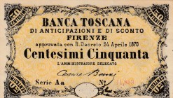 Italy, 50 Centesimi, 1870, AUNC, 
Banca Toscana
Serial Number: Aa 11853
Estimate: 25-50 USD