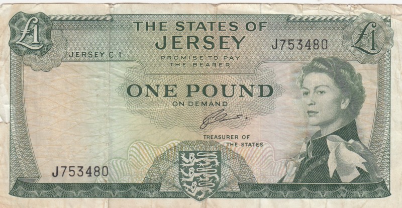 Jersey, 1 Pound, 1963, FINE, p8b 
Portrait of Queen Elizabeth II
Serial Number...