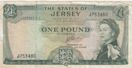 Jersey, 1 Pound, 1963, FINE, p8b 
Portrait of Queen Elizabeth II
Serial Number: J753480
Estimate: 25-50 USD