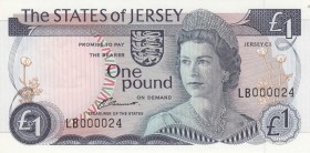 Jersey, 1 Pound, 1976/1988, UNC, p11a 
Low serial number
Serial Number: LB 000024
Estimate: 35-70 USD