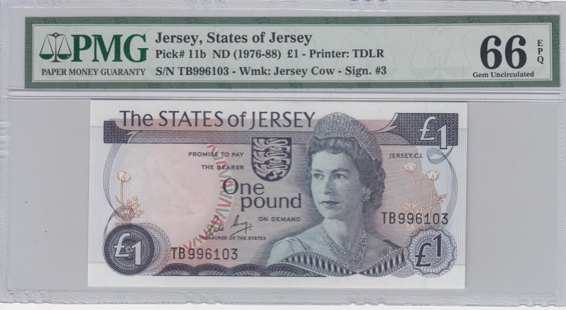 Jersey, 1 Pound, 1976-1988, UNC, p11b 
PMG 66 EPQ
Serial Number: TB 996103
Es...