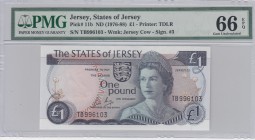 Jersey, 1 Pound, 1976-1988, UNC, p11b 
PMG 66 EPQ
Serial Number: TB 996103
Estimate: 35-70 USD