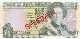 Jersey, 1 Pound, 1989, UNC, p15a, SPECIMEN
Portrait of Queen Elizabeth II
Serial Number: GC000000
Estimate: 25-50 USD