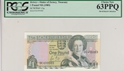 Jersey, 1 Pound, 1989, UNC, p15a 
PCGS63 PPQ, Portrait of Queen Elizabeth II
Serial Number: GC49989
Estimate: 60-120 USD