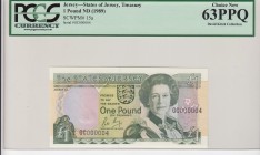 Jersey, 1 Pound, 1989, UNC, p15a 
PCGS 66 PPQ , Portrait of Queen Elizabeth II
Serial Number: GC000004
Estimate: 60-120 USD