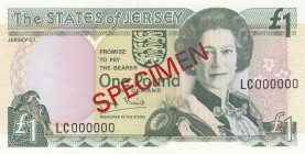 Jersey, 1 Pound, 1989, UNC, p15a, SPECIMEN
Portrait of Queen Elizabeth II
Serial Number: LC000000
Estimate: 40-80 USD