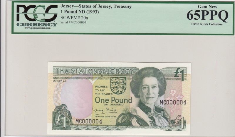 Jersey, 1 Pound, 1993, UNC, p20a 
PCSS 65 PPQ
Serial Number: MC 000004
Estima...