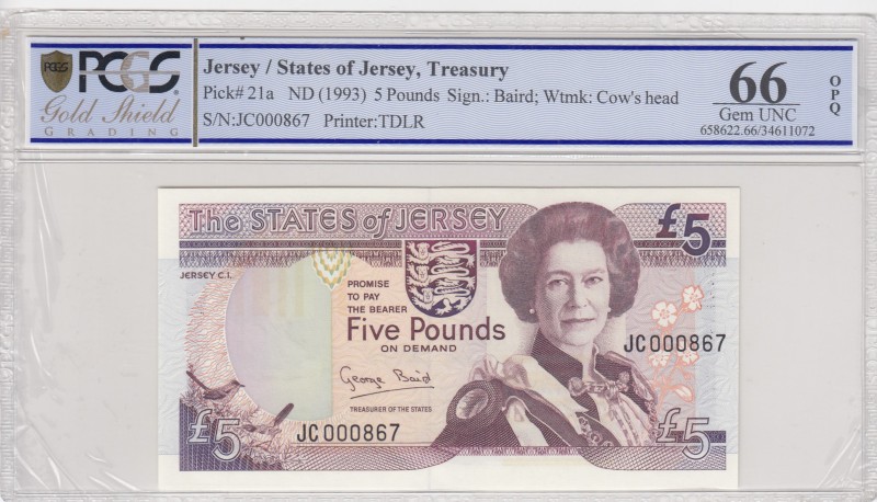 Jersey, 5 Pounds, 1993, UNC, p21a 
PCGS 66 OPQ
Serial Number: JC 000867
Estim...