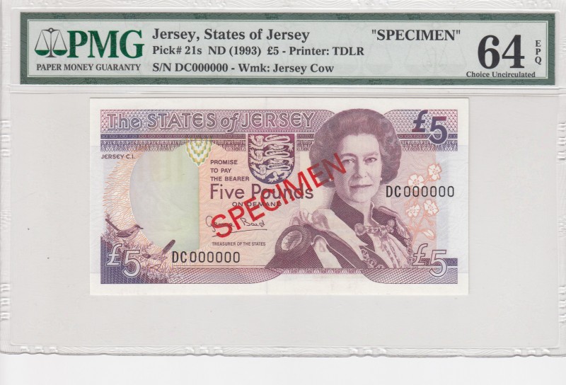 Jersey, 5 Pounds, 1993, UNC, p21s, SPECIMEN
PMG 64 EPQ
Serial Number: DC 00000...