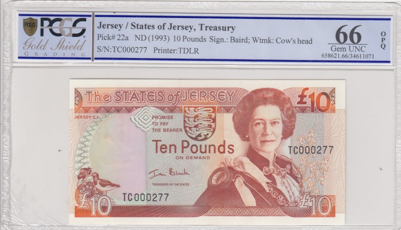 Jersey, 10 Pounds, 1993, UNC, p22a 
PCGS 66 OPQ
Serial Number: TC 000277
Esti...