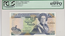 Jersey, 20 Pounds, 1993, UNC, p23a 
Low Serial number. PCGS 65 PPQ
Serial Number: FC000004
Estimate: 150-300 USD