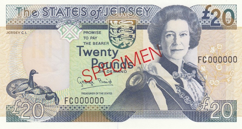 Jersey, 20 Pounds, 1993, UNC, p23s, SPECIMEN
Serial Number: FC 000000
Estimate...