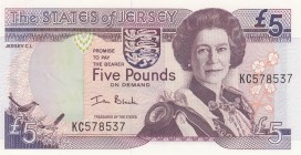 Jersey, 5 Pounds, 2000, UNC, p27 
Queen Elizabeth II potrait. 
Serial Number: KC578537
Estimate: 25-50 USD