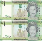 Jersey, 1 Pound, 2010, UNC, p32 
Queen Elizabeth II potrait. Consecutive serial number banknotes
Serial Number: HE428793, HE428794
Estimate: 25-50 ...