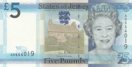 Jersey, 5 Pounds, 2010, UNC, p33 
Queen Elizabeth II potrait. 
Serial Number: AD544019
Estimate: 25-50 USD