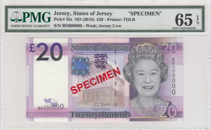 Jersey, 20 Pounds, 2010, UNC, p35s 
PMG 65 EPQ
Serial Number: BD000000
Estima...