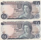 Jersey, 1 Pound, 1976, VF, p111a, (Total 2 consecutive banknotes)
Serial Number: DB715582-83
Estimate: 20-40 USD