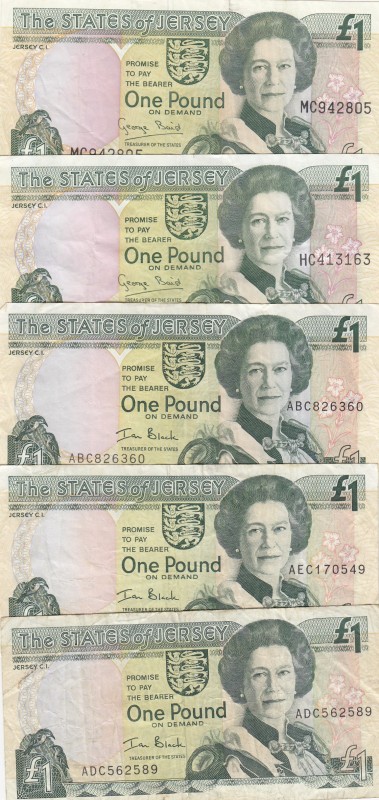 Jersey, 1 Pound, VF, (Total 5 banknotes)
1 Pound (2), 1995, p25a; 1 Pound (3), ...