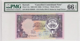 Kuwait, 1 Dinar, 1980/1991, UNC, p13x 
PMG 66 EPQ, (Canselled contraband note for stolen by Iraq forces.)
Serial Number: JJ/3 624596
Estimate: 50-1...