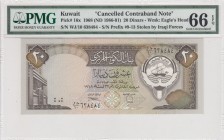 Kuwait, 20 Dinars, 1986/1991, UNC, p16x 
PMG 66 EPQ, (Canselled contraband note for stolen by Iraq forces.)
Serial Number: WJ/10 638484
Estimate: 7...