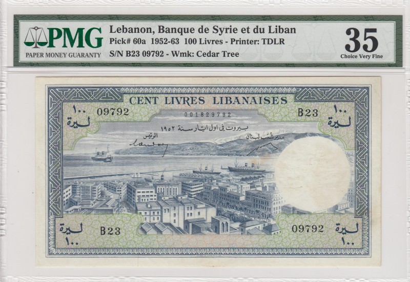 Lebanon, 100 Livres, 1952-63, VF, p60a 
PMG 35
Serial Number: B23 09792
Estim...