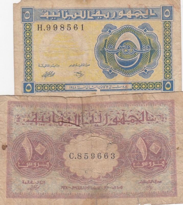 Lebanon, 5-10 Piastres, 1948, POOR, p40, (Total 2 banknotes)
5 Piastres, p40; 1...