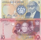 Lesotho, 5-10 Maloti, 1989-2010, UNC, (Total 2 banknotes)
5 Maloti 1989, p10; 10 Maloti 2010, p21
Serial Number: E981614, AA751573
Estimate: 25-50 ...