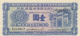 Macau, 1 Pataca, 1945, AUNC, p28 
Serial Number: 4310417
Estimate: 60-120 USD