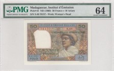 Madagascar, 50 Francs, 1969, UNC, p61 
50 Francs=10 Ariary, PMG 64
Serial Number: S.49 76137
Estimate: 100-200 USD