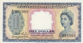 Malaya and British Borneo, 1 Dollar, 1953, XF, p1 
Portrait of Queen Elizabeth II
Serial Number: A/18 885989
Estimate: 75-150 USD