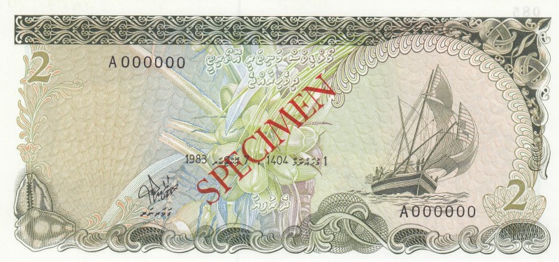 Maldives, 2 Rafiyaa, 1983, UNC, p9s, SPECIMEN
Serial Number: A000000
Estimate:...